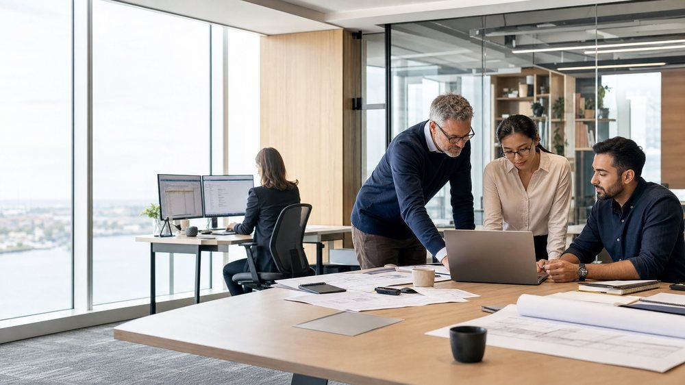 An Australian reviewer and two colleagues checking a drawing set over a laptop in a Melbourne office